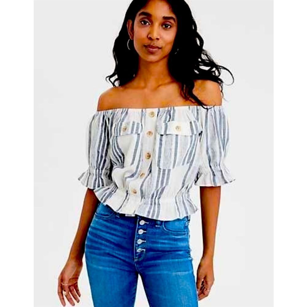 American Eagle Outfitters Off-Shoulder Striped Button Front Top - White and Blue